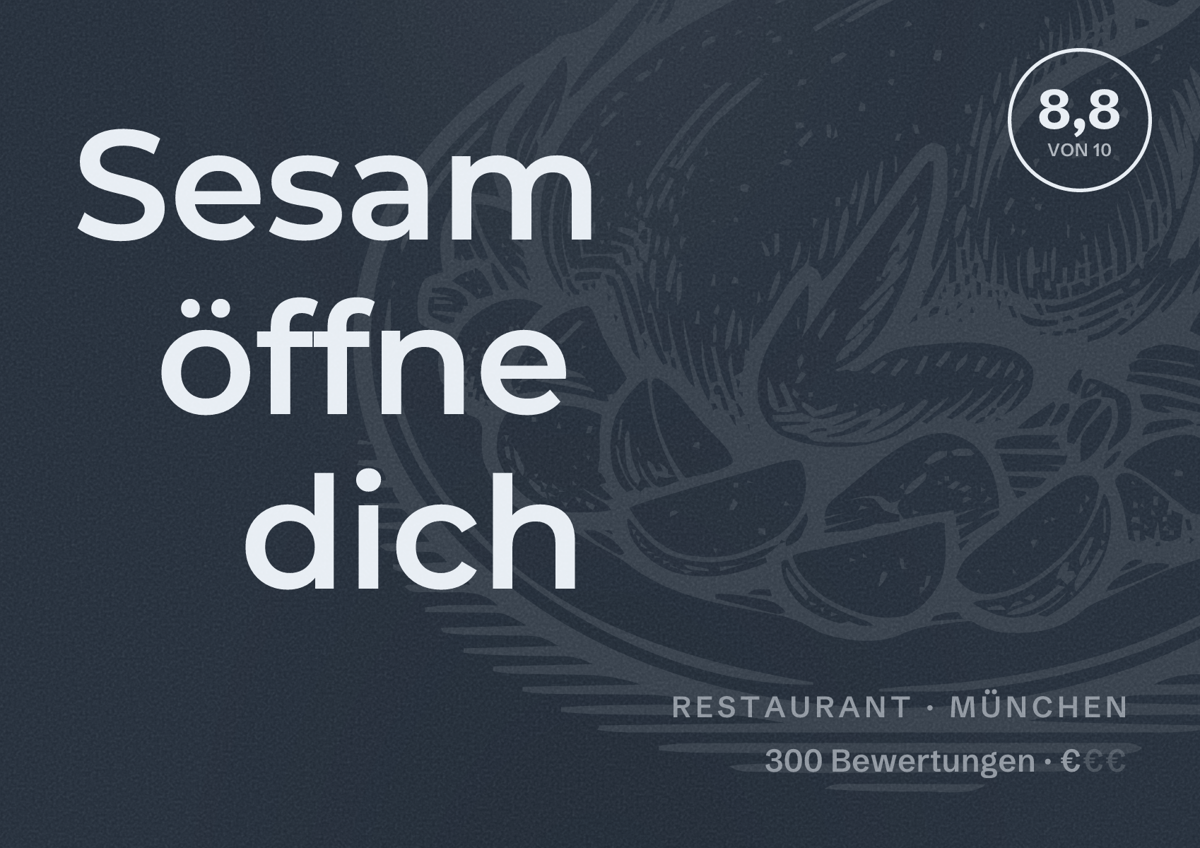 Illustriertes Poster von Sesam öffne dich, Restaurant in München: Bewertung 8,8 von 10 aus 300 Bewertungen, Preisniveau €