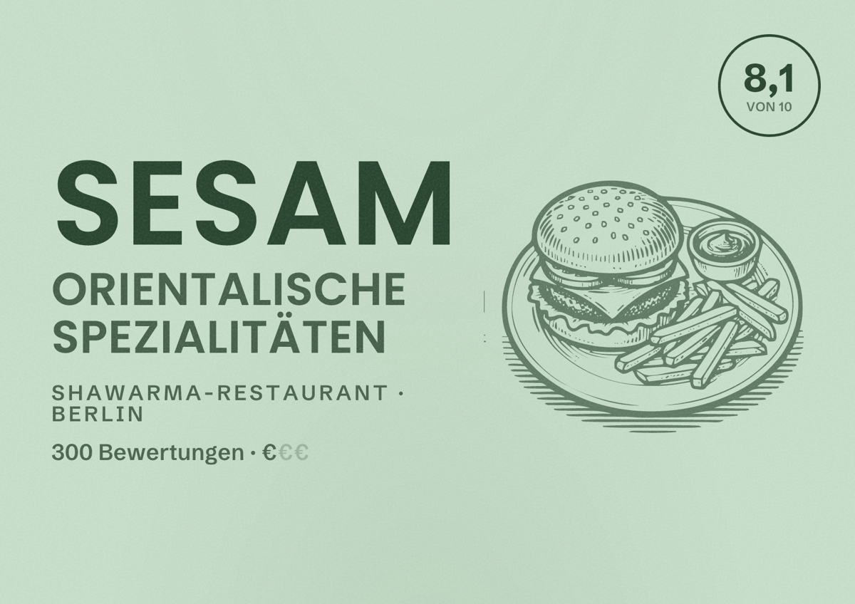 Illustriertes Poster von SESAM Orientalische Spezialitäten, Shawarma-Restaurant in Berlin: Bewertung 8,1 von 10 aus 300 Bewertungen, Preisniveau €