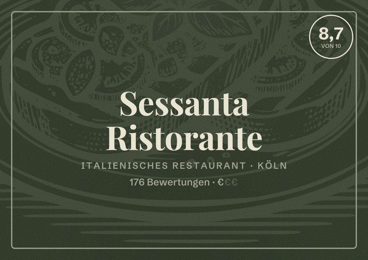 Illustriertes Poster von Sessanta Ristorante, Italienisches Restaurant in Köln: Bewertung 8,7 von 10 aus 176 Bewertungen, Preisniveau €