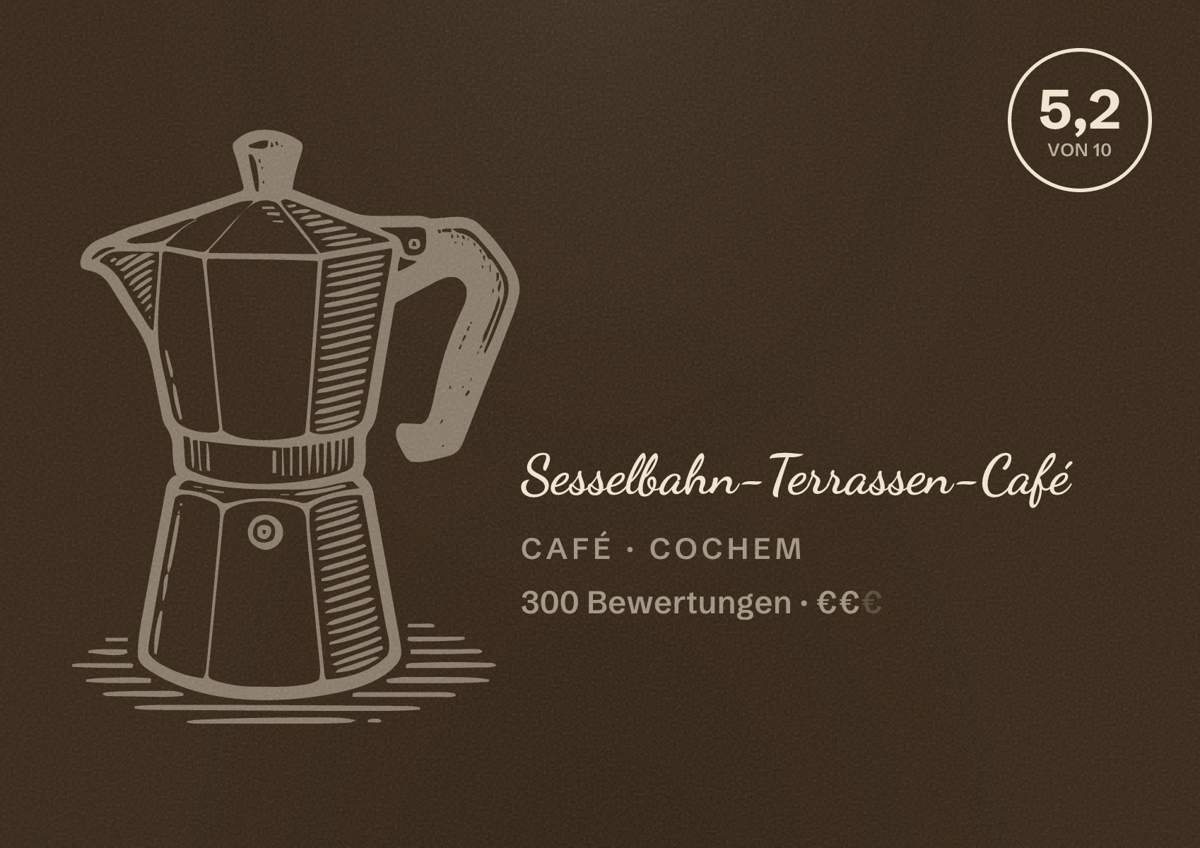 Illustriertes Poster von Sesselbahn-Terrassen-Café, Café in Cochem: Bewertung 5,2 von 10 aus 300 Bewertungen, Preisniveau €€