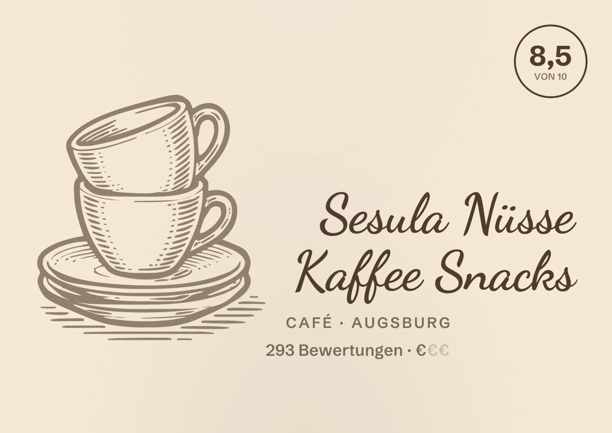 Illustriertes Poster von Sesula Nüsse Kaffee Snacks, Café in Augsburg: Bewertung 8,5 von 10 aus 293 Bewertungen, Preisniveau €