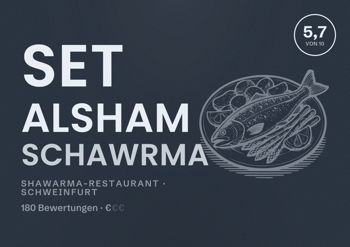 Illustriertes Poster von Set Alsham Schawrma, Shawarma-Restaurant in Schweinfurt: Bewertung 5,7 von 10 aus 180 Bewertungen, Preisniveau €