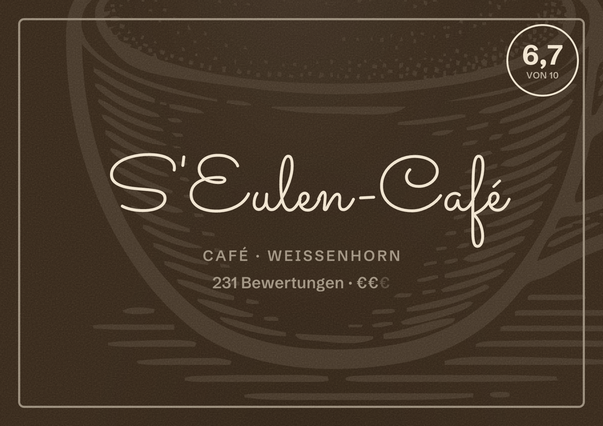 Illustriertes Poster von S'Eulen-Café, Café in Weißenhorn: Bewertung 6,7 von 10 aus 231 Bewertungen, Preisniveau €€