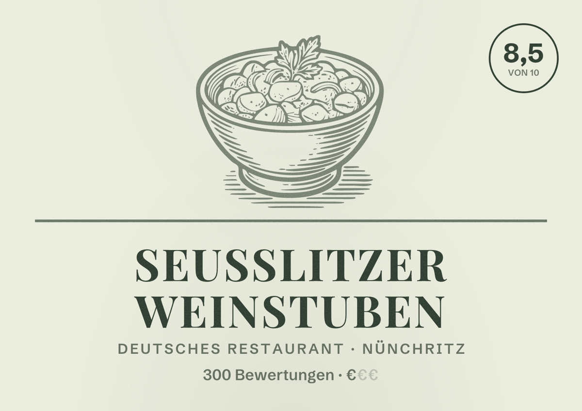 Illustriertes Poster von Seußlitzer Weinstuben, Deutsches Restaurant in Nünchritz: Bewertung 8,5 von 10 aus 300 Bewertungen, Preisniveau €