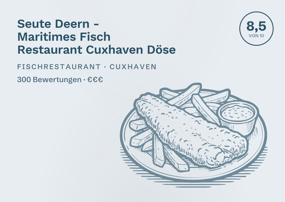 Illustriertes Poster von Seute Deern - Maritimes Fisch Restaurant Cuxhaven Döse, Fischrestaurant in Cuxhaven: Bewertung 8,5 von 10 aus 300 Bewertungen, Preisniveau €€€
