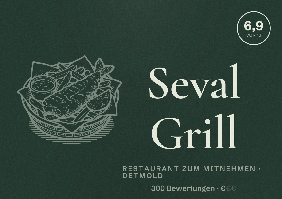 Illustriertes Poster von Seval Grill, Restaurant zum Mitnehmen in Detmold: Bewertung 6,9 von 10 aus 300 Bewertungen, Preisniveau €