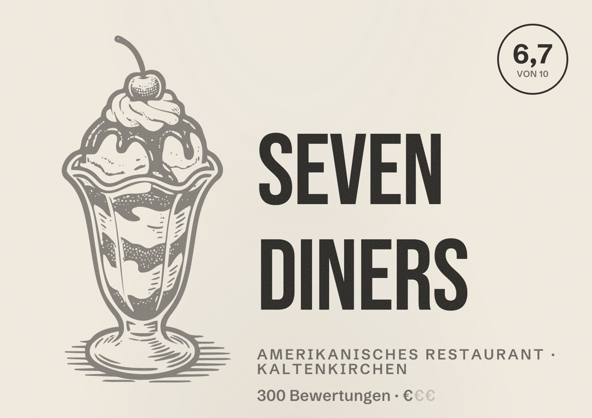 Illustriertes Poster von Seven Diners, Amerikanisches Restaurant in Kaltenkirchen: Bewertung 6,7 von 10 aus 300 Bewertungen, Preisniveau €