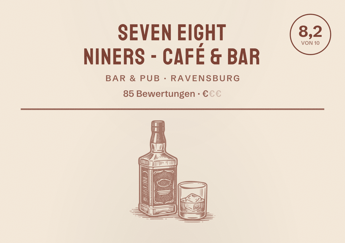 Illustriertes Poster von Seven Eight Niners - Café & Bar, Bar & Pub in Ravensburg: Bewertung 8,2 von 10 aus 85 Bewertungen, Preisniveau €