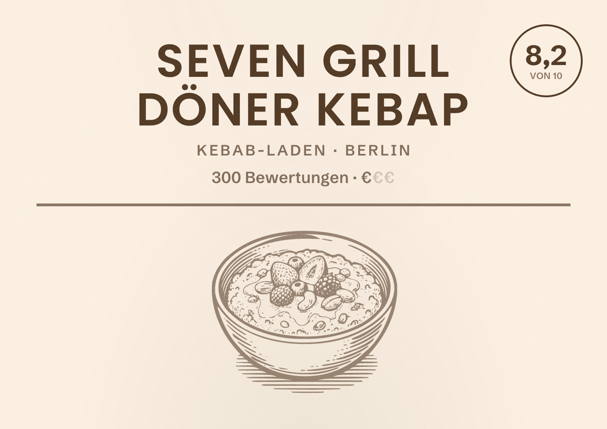 Illustriertes Poster von Seven Grill Döner Kebap, Kebab-Laden in Berlin: Bewertung 8,2 von 10 aus 300 Bewertungen, Preisniveau €