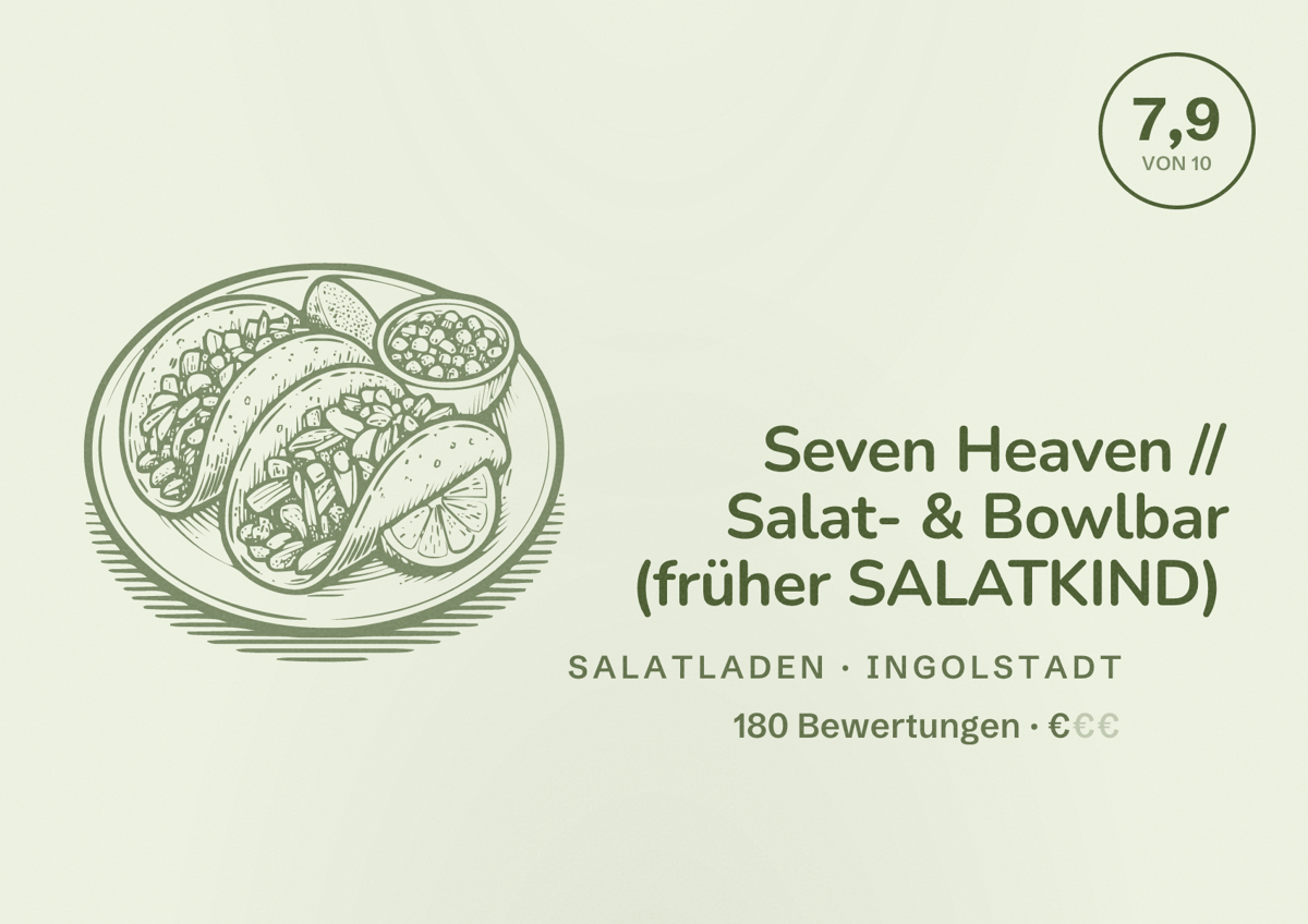 Illustriertes Poster von Seven Heaven // Salat- & Bowlbar (früher SALATKIND), Salatladen in Ingolstadt: Bewertung 7,9 von 10 aus 180 Bewertungen, Preisniveau €