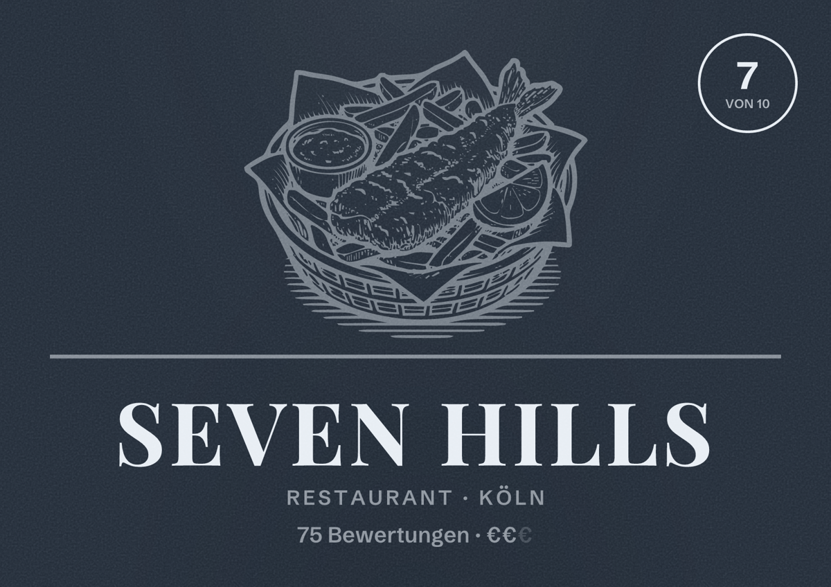 Illustriertes Poster von Seven Hills, Restaurant in Köln: Bewertung 7,0 von 10 aus 75 Bewertungen, Preisniveau €€