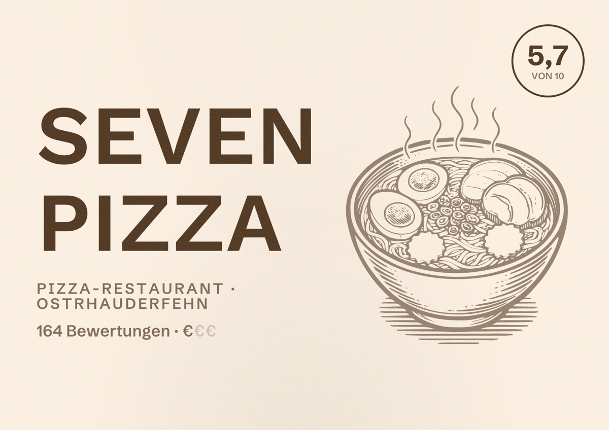 Illustriertes Poster von Seven Pizza, Pizza-Restaurant in Ostrhauderfehn: Bewertung 5,7 von 10 aus 164 Bewertungen, Preisniveau €