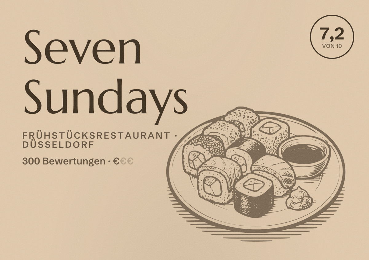 Illustriertes Poster von Seven Sundays, Frühstücksrestaurant in Düsseldorf: Bewertung 7,2 von 10 aus 300 Bewertungen, Preisniveau €