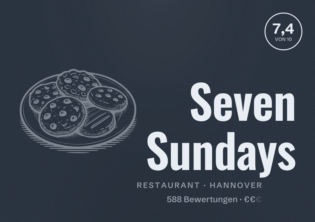 Illustriertes Poster von Seven Sundays, Restaurant in Hannover: Gästebewertung 7,4 von 10 aus 588 Bewertungen
