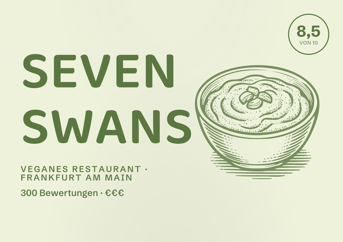 Illustriertes Poster von SEVEN SWANS, Veganes Restaurant in Frankfurt am Main: Bewertung 8,5 von 10 aus 300 Bewertungen, Preisniveau €€€