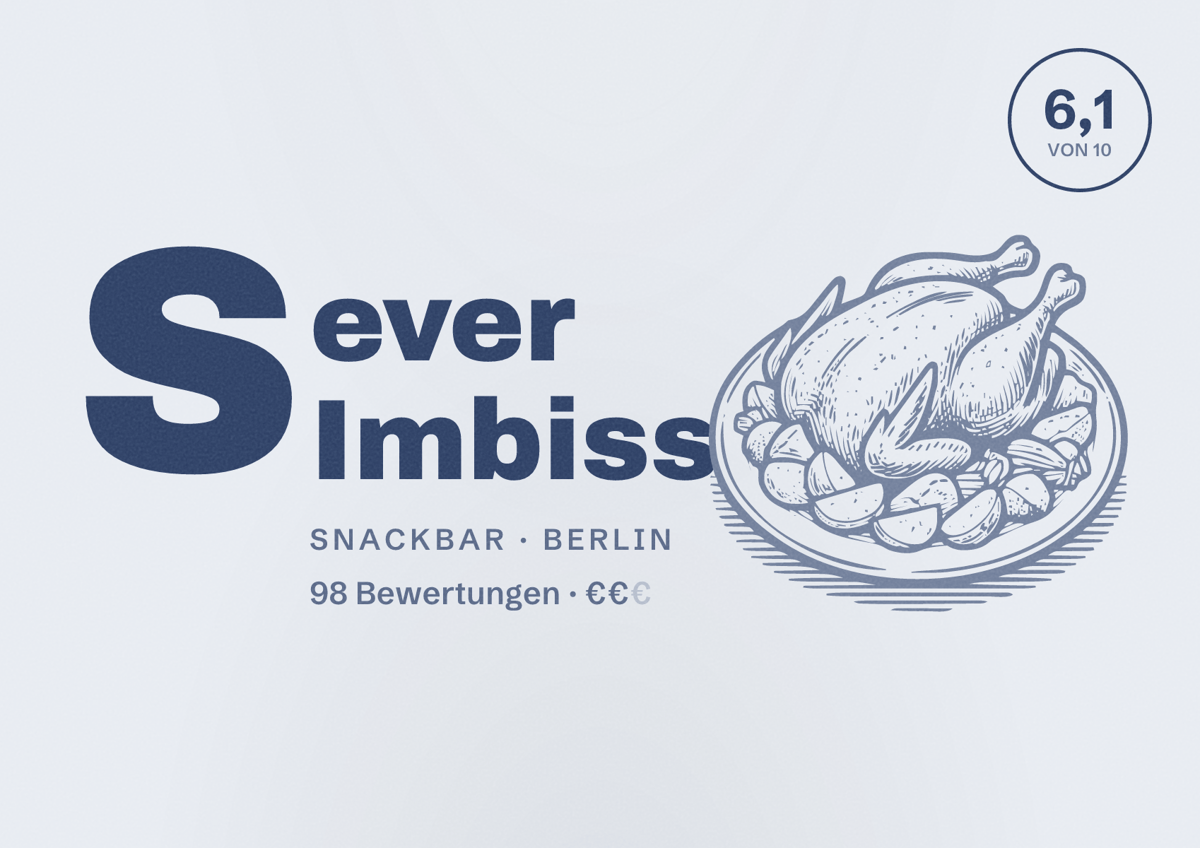 Illustriertes Poster von Sever Imbiss, Snackbar in Berlin: Bewertung 6,1 von 10 aus 98 Bewertungen, Preisniveau €€