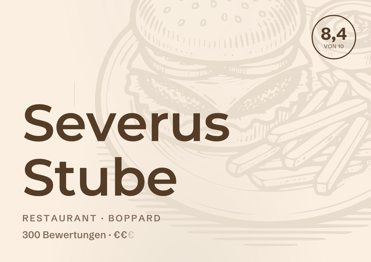 Illustriertes Poster von Severus Stube, Restaurant in Boppard: Bewertung 8,4 von 10 aus 300 Bewertungen, Preisniveau €€