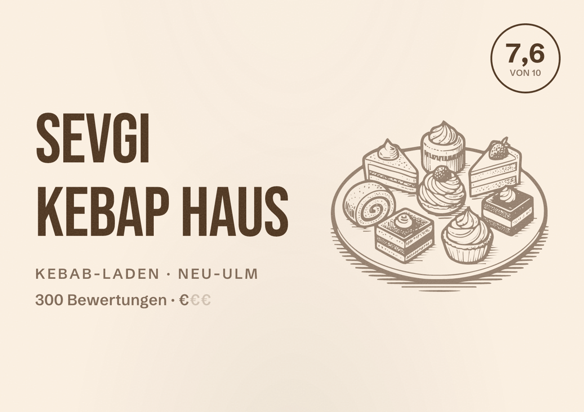 Illustriertes Poster von Sevgi Kebap Haus, Kebab-Laden in Neu-Ulm: Bewertung 7,6 von 10 aus 300 Bewertungen, Preisniveau €