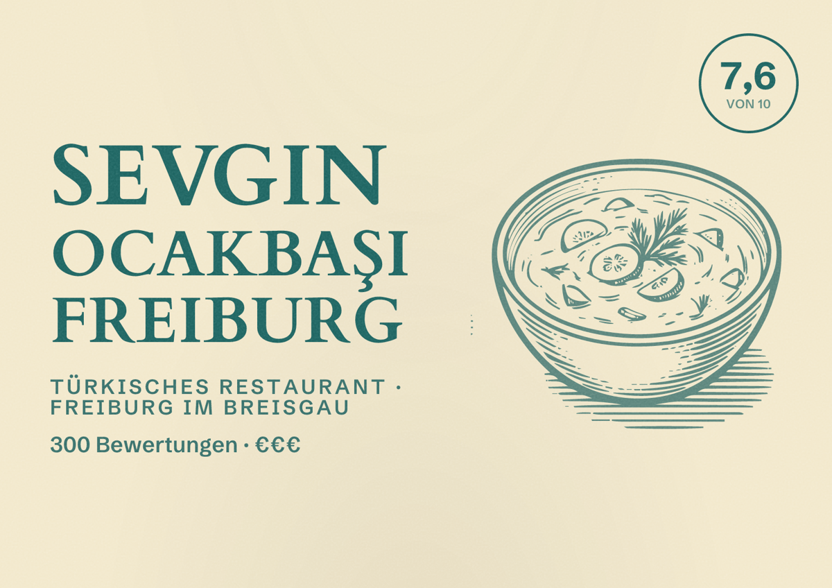 Illustriertes Poster von Sevgin Ocakbaşi Freiburg, Türkisches Restaurant in Freiburg im Breisgau: Bewertung 7,6 von 10 aus 300 Bewertungen, Preisniveau €€€