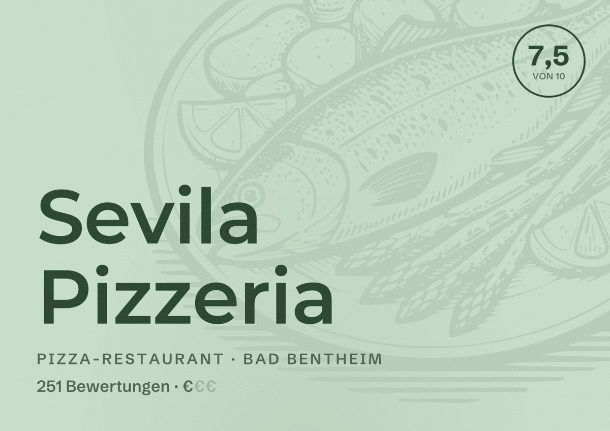 Illustriertes Poster von Sevila Pizzeria, Pizza-Restaurant in Bad Bentheim: Bewertung 7,5 von 10 aus 251 Bewertungen, Preisniveau €