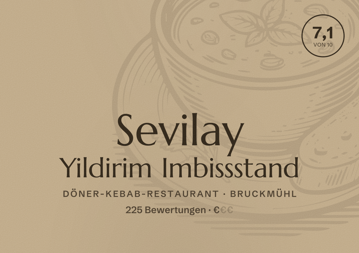 Illustriertes Poster von Sevilay Yildirim Imbissstand, Döner-Kebab-Restaurant in Bruckmühl: Bewertung 7,1 von 10 aus 225 Bewertungen, Preisniveau €