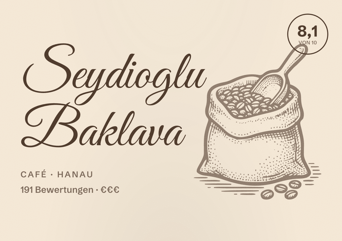 Illustriertes Poster von Seydioglu Baklava, Café in Hanau: Bewertung 8,1 von 10 aus 191 Bewertungen, Preisniveau €€€