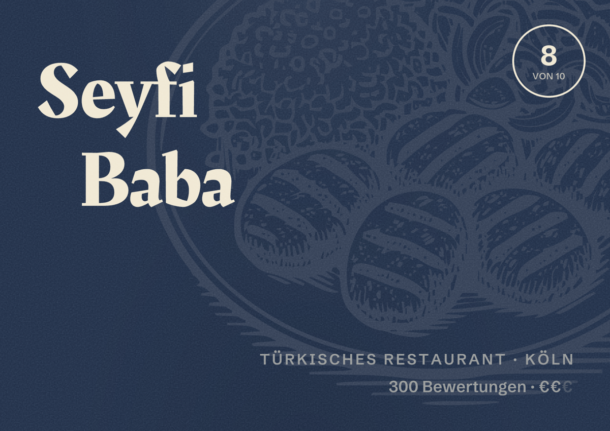 Illustriertes Poster von Seyfi Baba, Türkisches Restaurant in Köln: Bewertung 8,0 von 10 aus 300 Bewertungen, Preisniveau €€