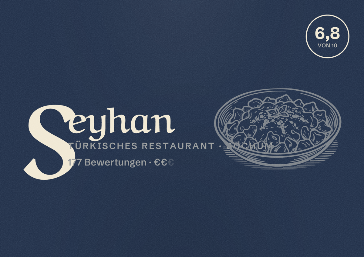 Illustriertes Poster von Seyhan, Türkisches Restaurant in Bochum: Bewertung 6,8 von 10 aus 177 Bewertungen, Preisniveau €€