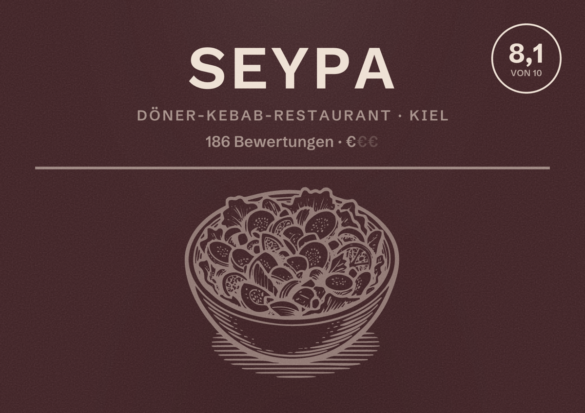 Illustriertes Poster von Seypa, Döner-Kebab-Restaurant in Kiel: Bewertung 8,1 von 10 aus 186 Bewertungen, Preisniveau €