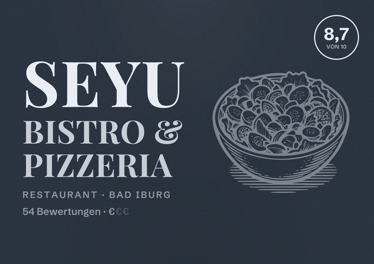 Illustriertes Poster von SEYU bistro & pizzeria, Restaurant in Bad Iburg: Bewertung 8,7 von 10 aus 54 Bewertungen, Preisniveau €
