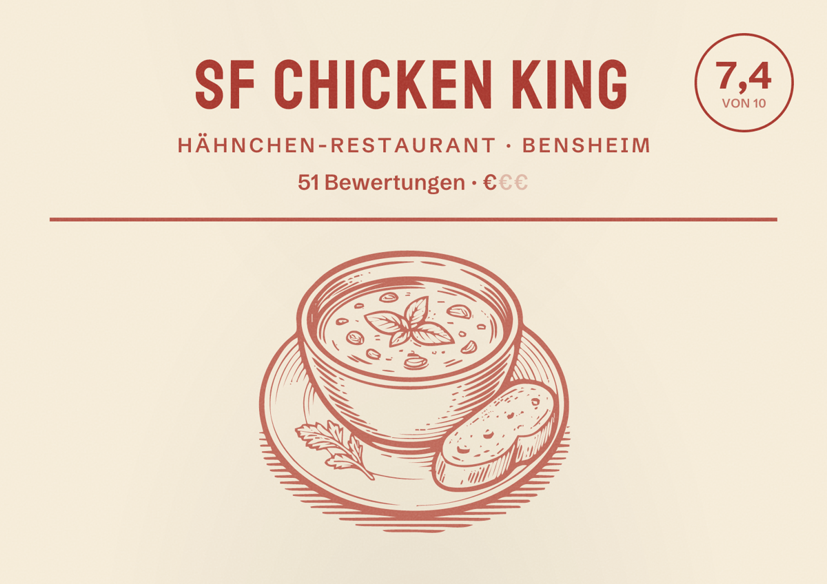 Illustriertes Poster von SF Chicken King, Hähnchen-Restaurant in Bensheim: Bewertung 7,4 von 10 aus 51 Bewertungen, Preisniveau €