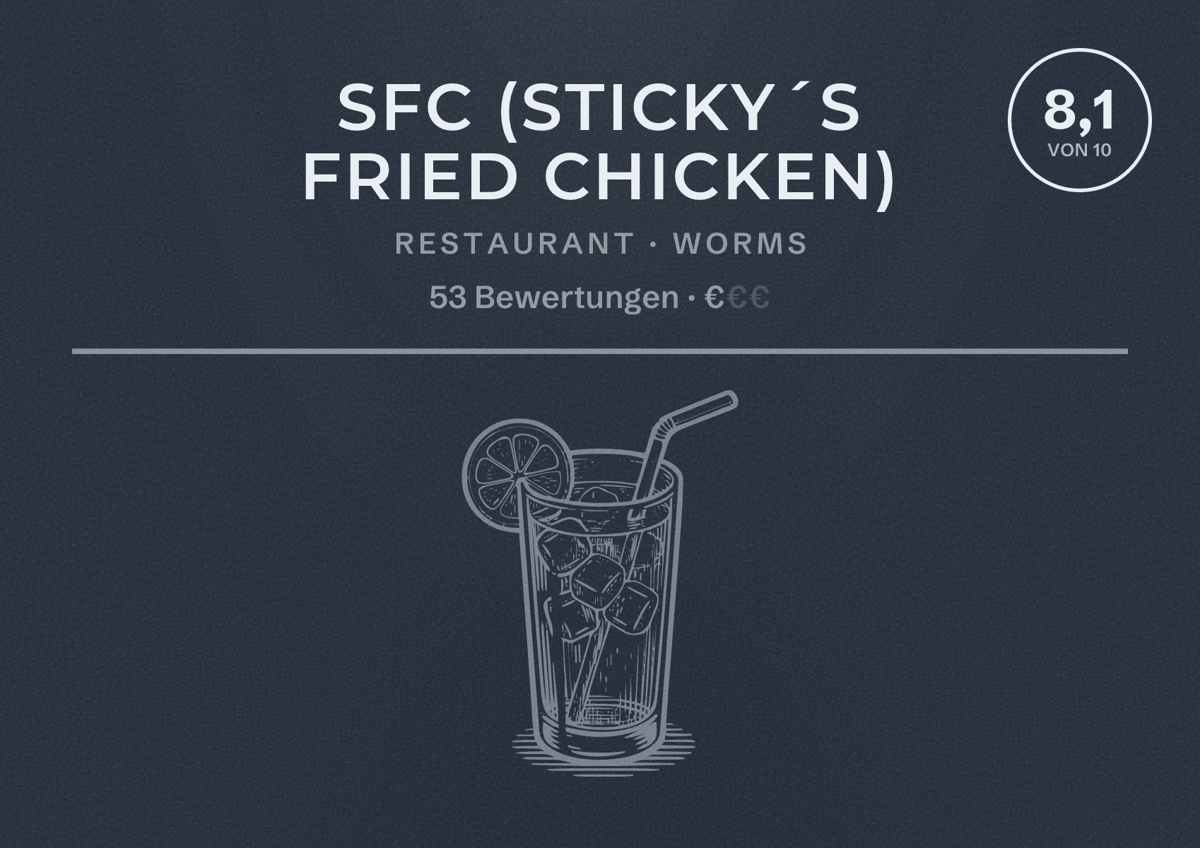 Illustriertes Poster von sfc (Sticky´s Fried Chicken), Restaurant in Worms: Bewertung 8,1 von 10 aus 53 Bewertungen, Preisniveau €