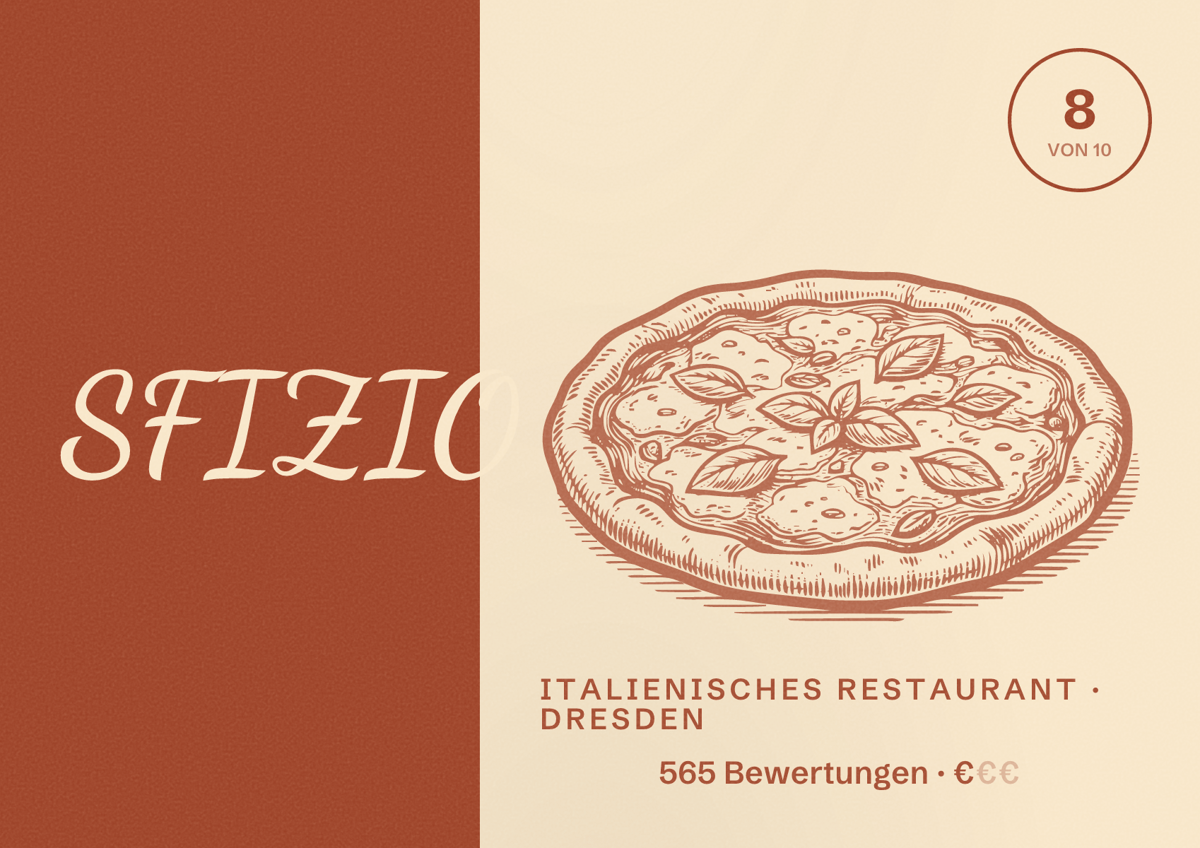 Illustriertes Poster von SFIZIO, Italienisches Restaurant in Dresden: Bewertung 8 von 10 aus 565 Bewertungen, Preisniveau €