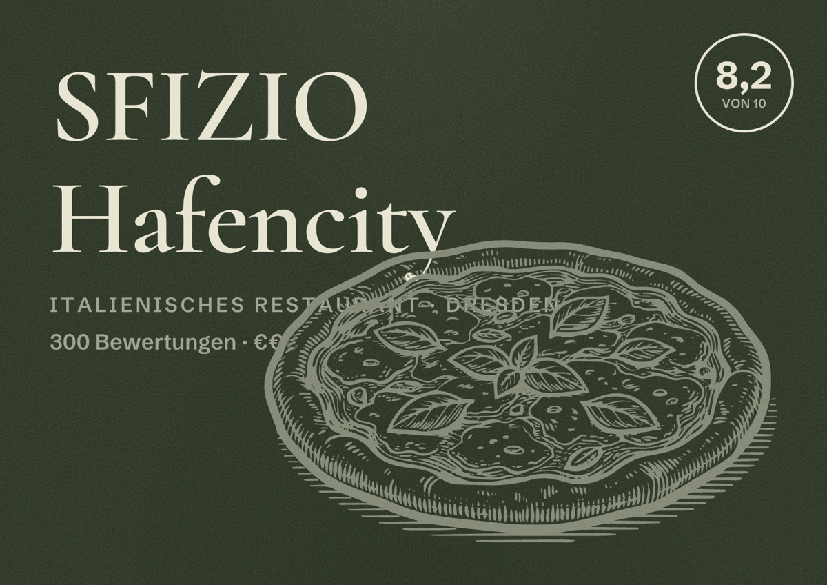 Illustriertes Poster von SFIZIO Hafencity, Italienisches Restaurant in Dresden: Bewertung 8,2 von 10 aus 300 Bewertungen, Preisniveau €€