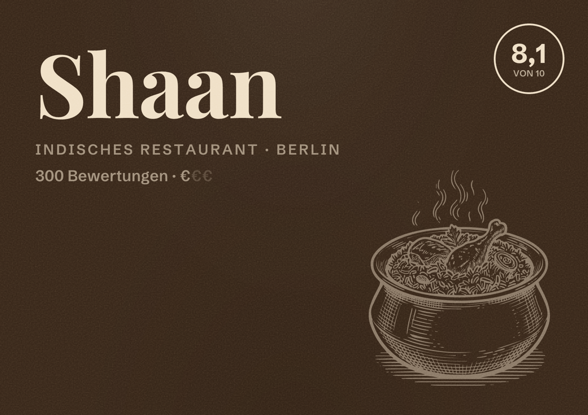 Illustriertes Poster von Shaan, Indisches Restaurant in Berlin: Bewertung 8,1 von 10 aus 300 Bewertungen, Preisniveau €