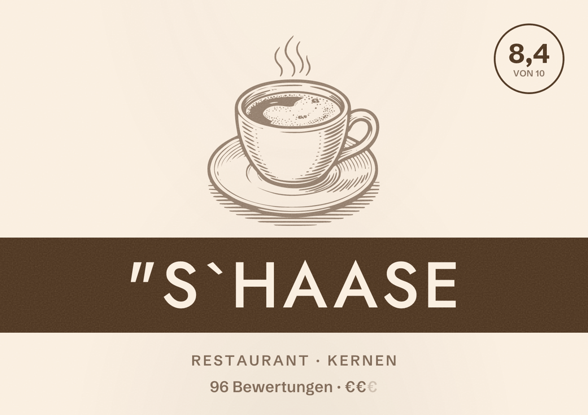 Illustriertes Poster von "S`Haase, Restaurant in Kernen: Bewertung 8,4 von 10 aus 96 Bewertungen, Preisniveau €€