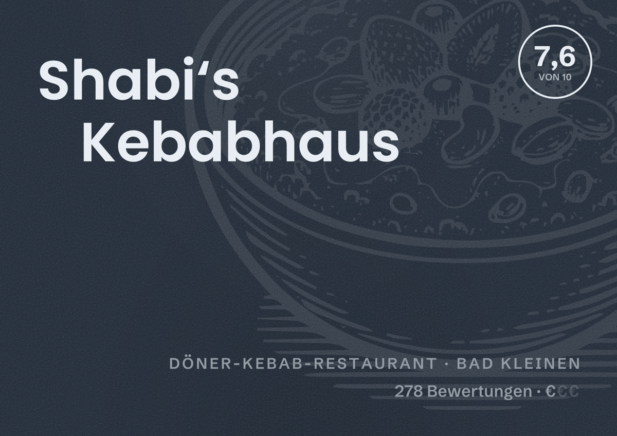 Illustriertes Poster von Shabi‘s Kebabhaus, Döner-Kebab-Restaurant in Bad Kleinen: Bewertung 7,6 von 10 aus 278 Bewertungen, Preisniveau €