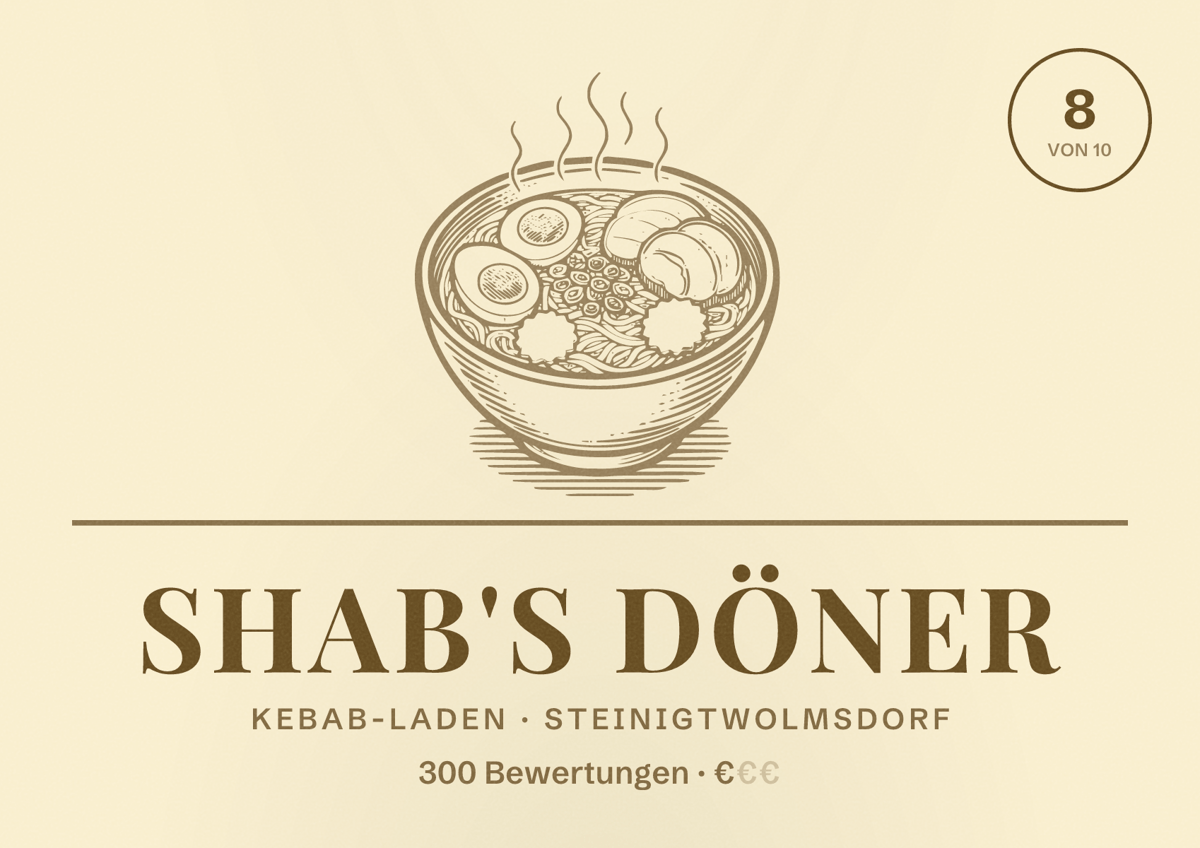 Illustriertes Poster von Shab's Döner, Kebab-Laden in Steinigtwolmsdorf: Bewertung 8 von 10 aus 300 Bewertungen, Preisniveau €
