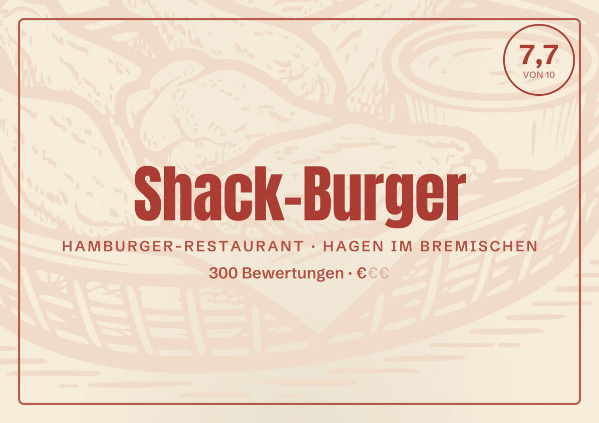 Illustriertes Poster von Shack-Burger, Hamburger-Restaurant in Hagen im Bremischen: Bewertung 7,7 von 10 aus 300 Bewertungen, Preisniveau €