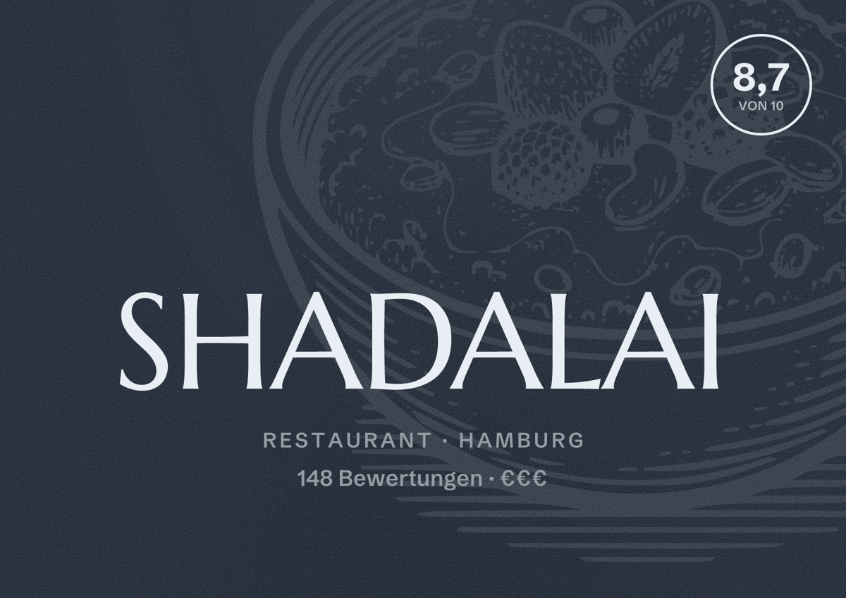 Illustriertes Poster von SHADALAI, Restaurant in Hamburg: Bewertung 8,7 von 10 aus 148 Bewertungen, Preisniveau €€€