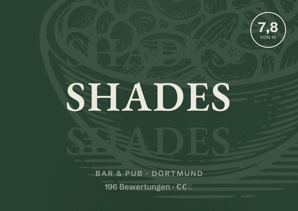 Illustriertes Poster von SHADES, Bar & Pub in Dortmund: Bewertung 7,8 von 10 aus 196 Bewertungen, Preisniveau €€
