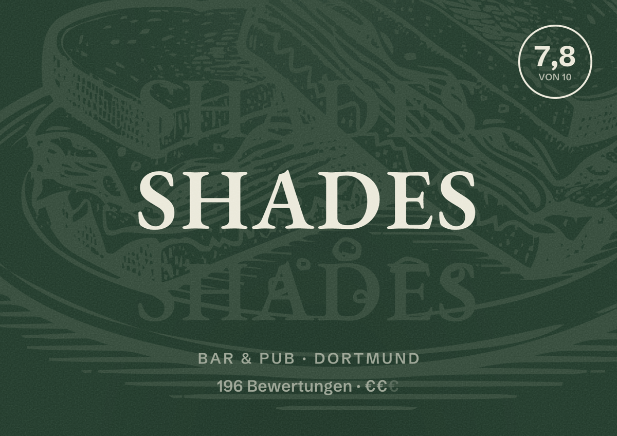 Illustriertes Poster von SHADES, Bar & Pub in Dortmund: Bewertung 7,8 von 10 aus 196 Bewertungen, Preisniveau €€