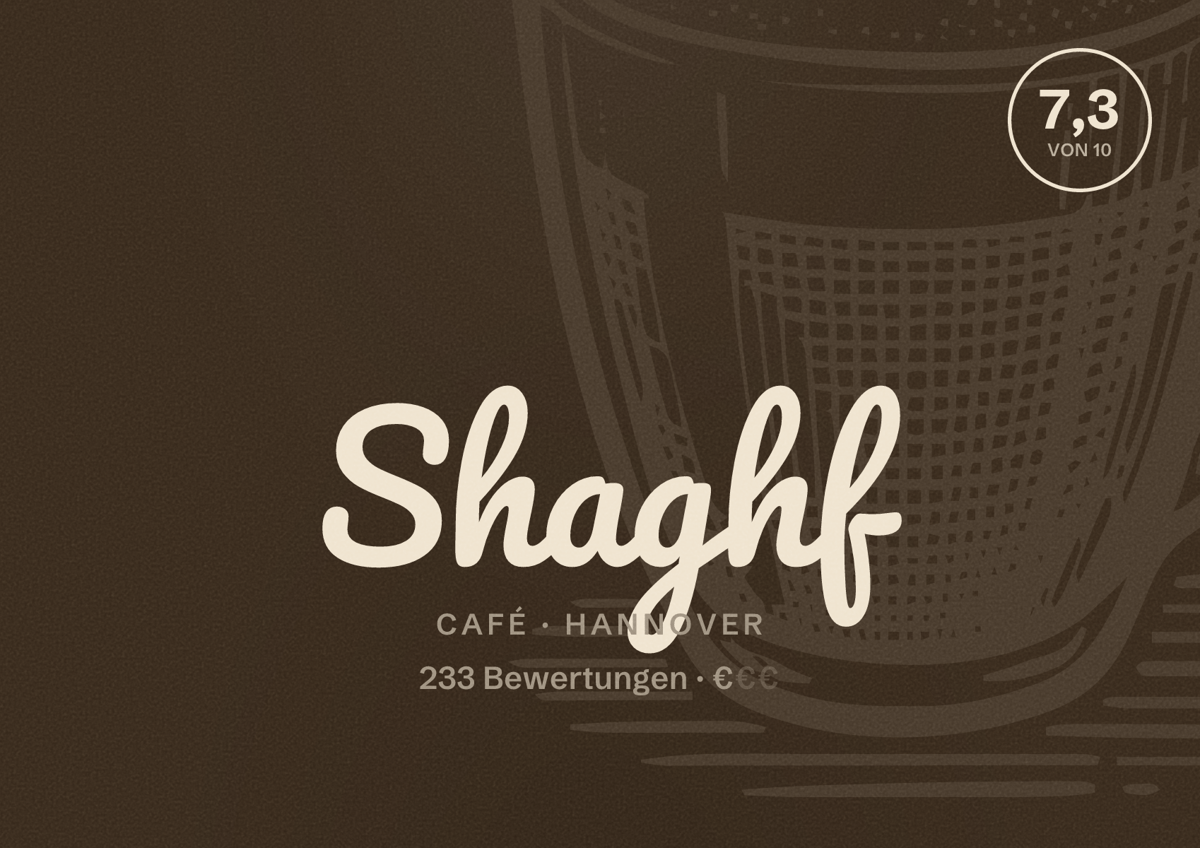 Illustriertes Poster von Shaghf, Café in Hannover: Bewertung 7,3 von 10 aus 233 Bewertungen, Preisniveau €