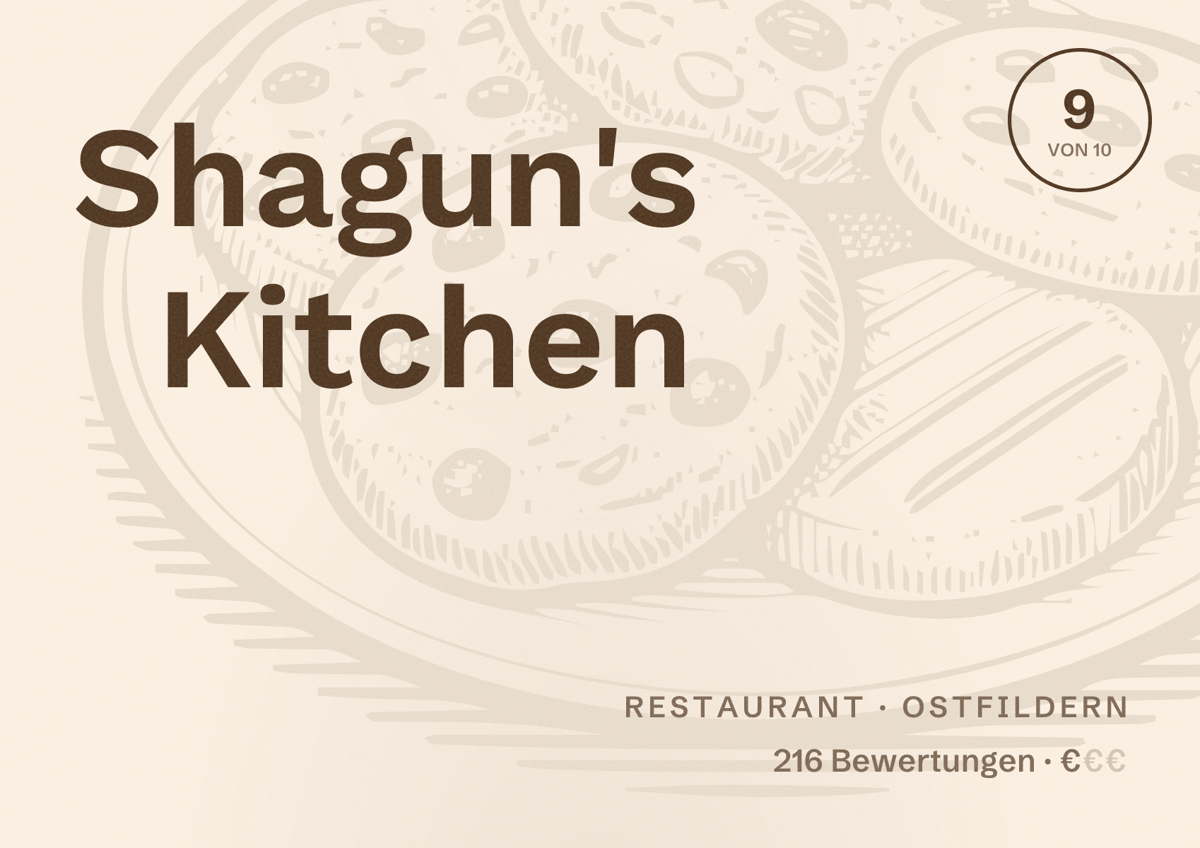 Illustriertes Poster von Shagun's Kitchen, Restaurant in Ostfildern: Bewertung 9 von 10 aus 216 Bewertungen, Preisniveau €