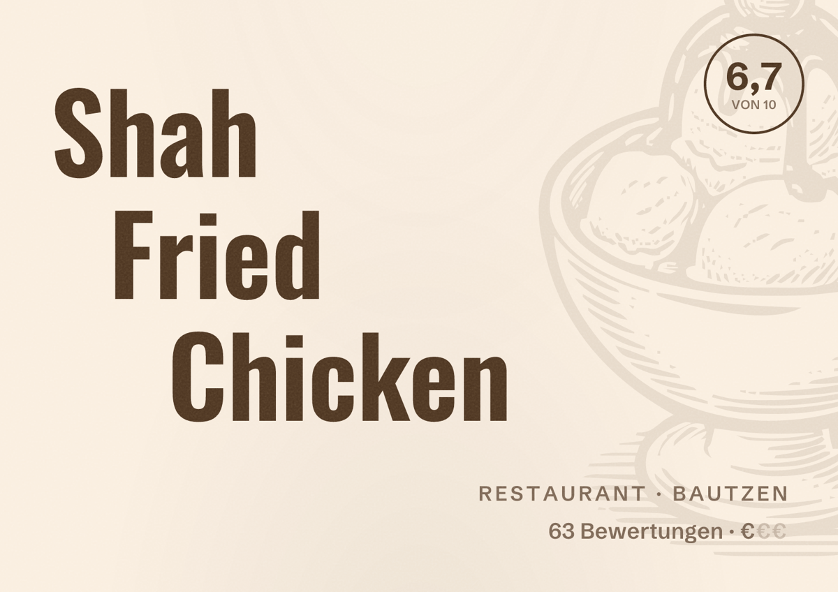 Illustriertes Poster von Shah Fried Chicken, Restaurant in Bautzen: Bewertung 6,7 von 10 aus 63 Bewertungen, Preisniveau €