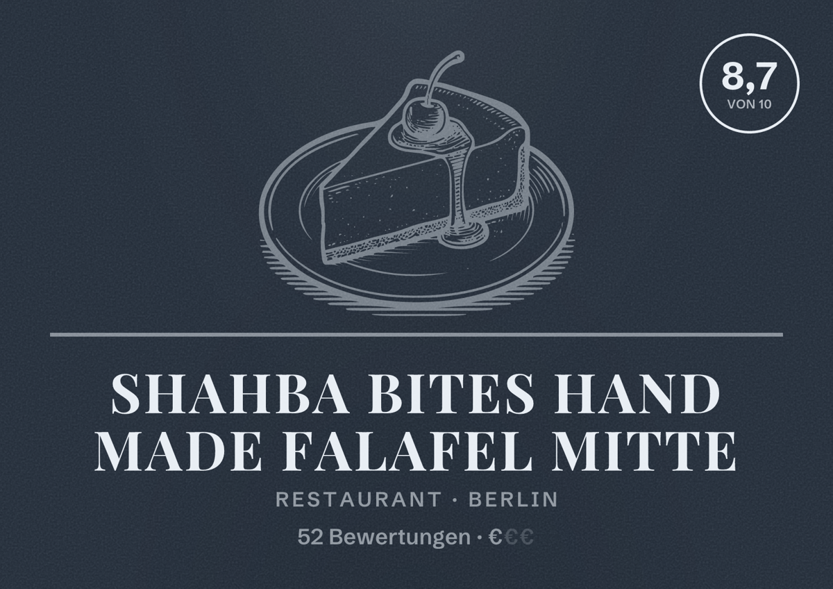 Illustriertes Poster von Shahba Bites Hand Made Falafel Mitte, Restaurant in Berlin: Bewertung 8,7 von 10 aus 52 Bewertungen, Preisniveau €
