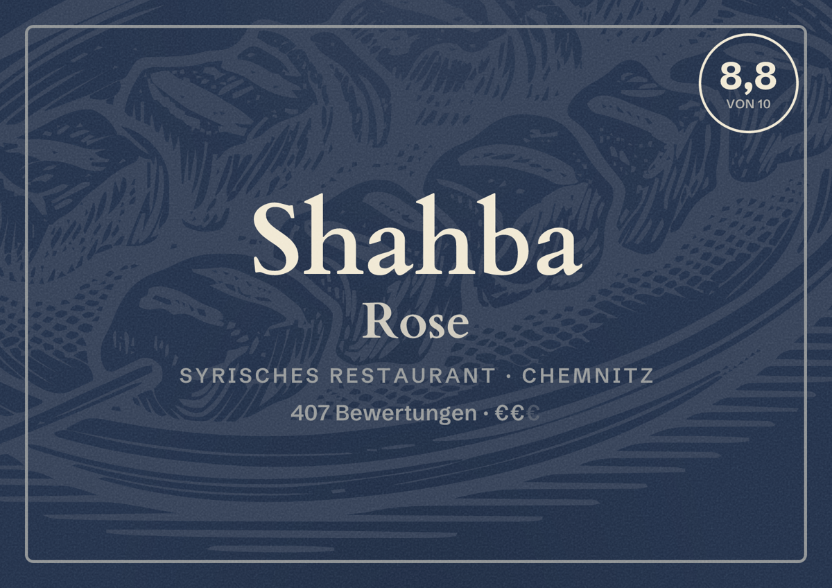 Illustriertes Poster von Shahba Rose, Syrisches Restaurant in Chemnitz: Bewertung 8,8 von 10 aus 407 Bewertungen, Preisniveau €€