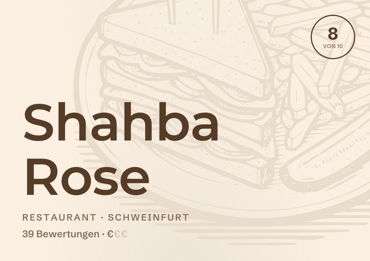 Illustriertes Poster von Shahba Rose, Restaurant in Schweinfurt: Bewertung 8 von 10 aus 39 Bewertungen, Preisniveau €