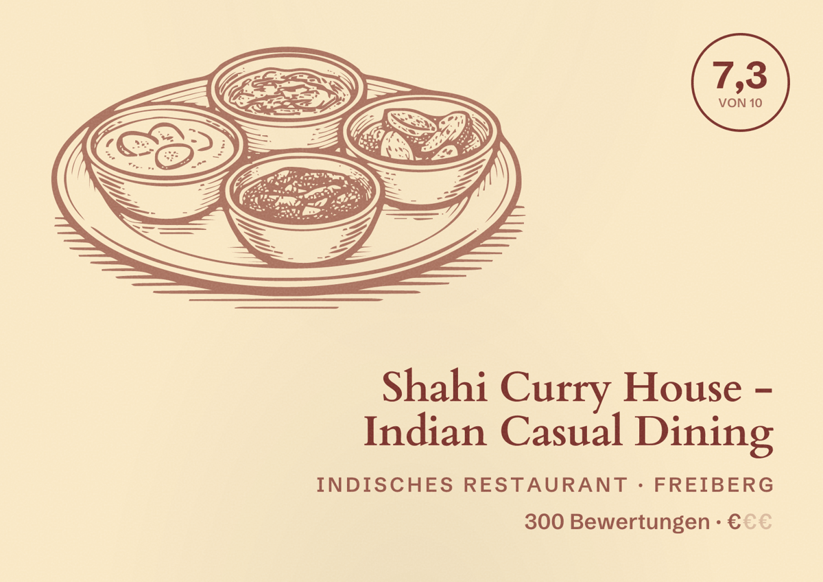 Illustriertes Poster von Shahi Curry House - Indian Casual Dining, Indisches Restaurant in Freiberg: Bewertung 7,3 von 10 aus 300 Bewertungen, Preisniveau €