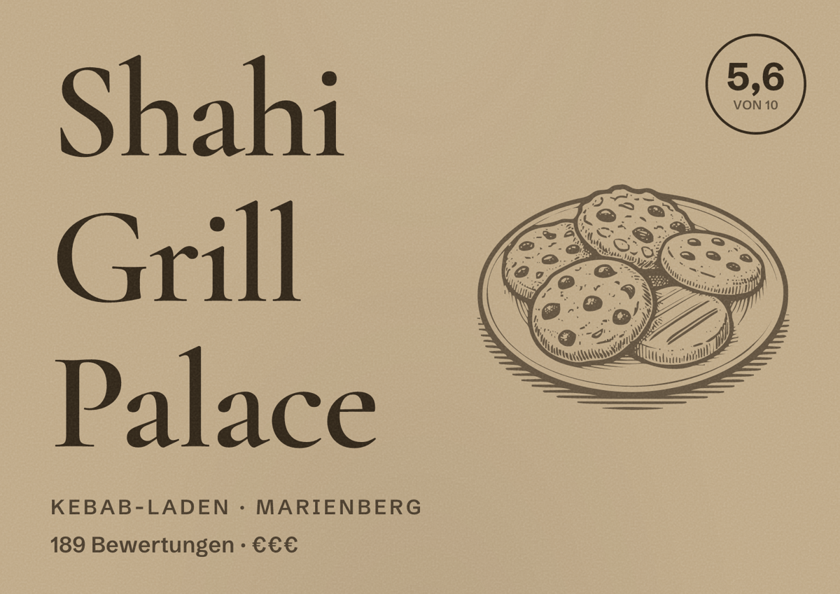Illustriertes Poster von Shahi Grill Palace, Kebab-Laden in Marienberg: Bewertung 5,6 von 10 aus 189 Bewertungen, Preisniveau €€€